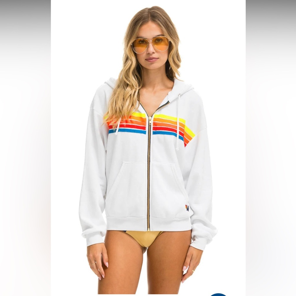 Aviator Nation White Oversized Hoodie with Neon Rainbow Stripes